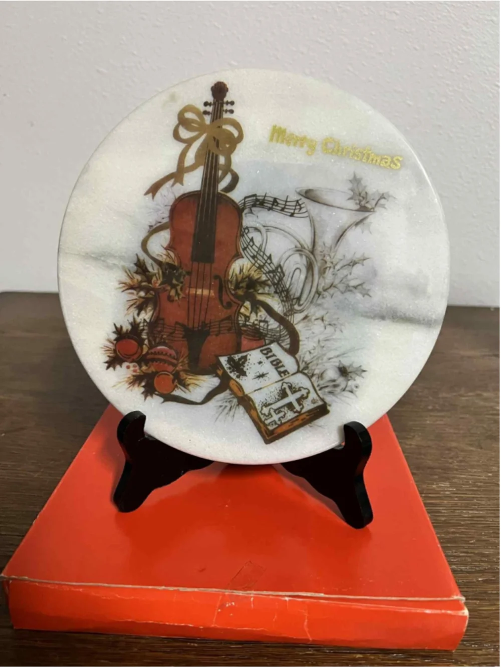 Vintage Marble Merry Christmas Decorative Plate Holiday Display Art Stand & Box
